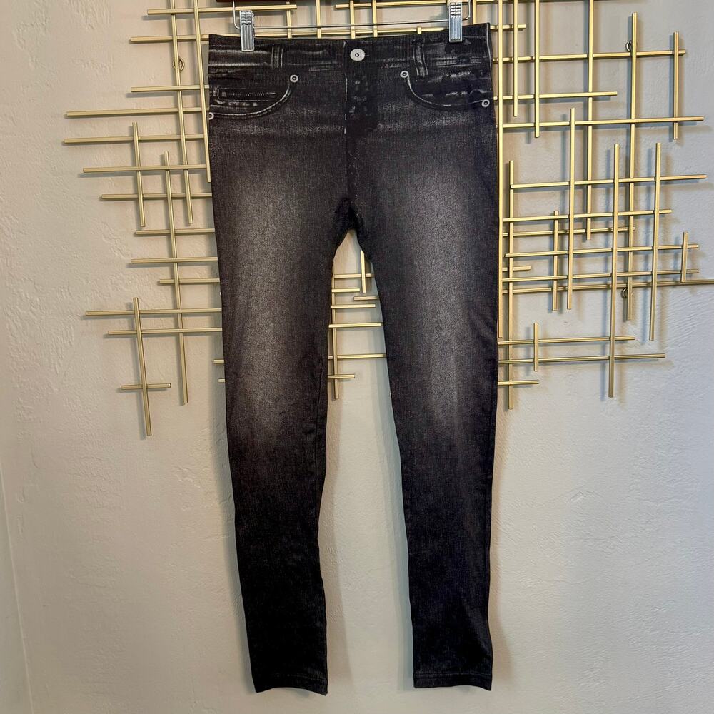 Genie Slim Jeggings Black Denim Print Pull On Leggings L